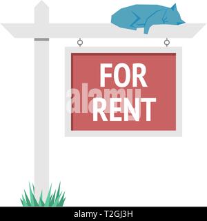 For rent wooden placard nameplate with blue cat. Real estate sign. Buy or sale house. Vector illustration in flat style Stock Vector