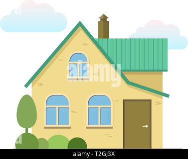 House with tree and bushes. Yellow brick wall, green roof housetop. Flat design vector architecture illustration isolated icon Stock Vector