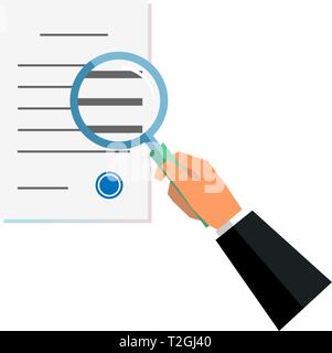 Hand holding magnifier glass and paper document approved. Business verification information search concept. Reading, viewing and studying. Vector illu Stock Vector