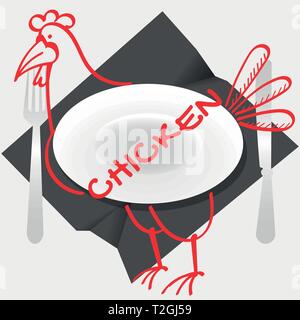 chicken dishes with a plate of chicken and cutlery on a crumpled napkin Stock Vector