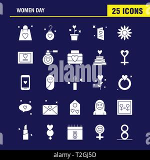 Women Day Solid Glyph Icons Set For Infographics, Mobile UX/UI Kit And Print Design. Include: Bag, Shopping Bag, Love, Valentine, Romantic, Ear Ring,  Stock Vector