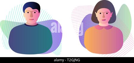 Male female on dynamic modern liquid element graphic gradient flat style design fluid vector colorful illustration simple abstract shapes. Couple husb Stock Vector