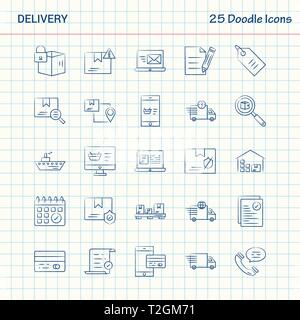 Delivery 25 Doodle Icons. Hand Drawn Business Icon set Stock Vector