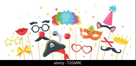 Cartoon style photo props horizontal  banner template design. Photobooth vector set of elements for Birthday party. Stock Vector