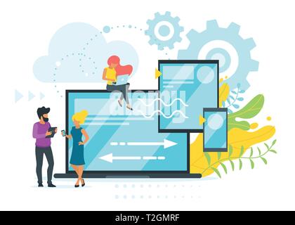 Cross platform concept. People using different devices or developing adaptive ui design for digital software. Social communication vector illustration Stock Vector