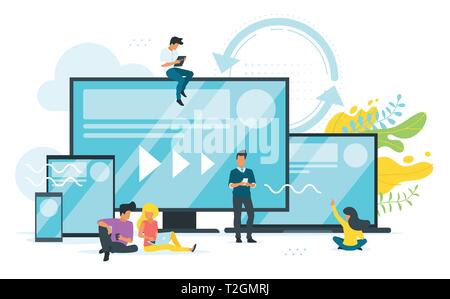 Cross platform concept. People using different devices or developing adaptive ui design for digital software. Vector illustration. Stock Vector