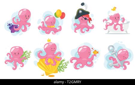 Octopus cartoon style baby character set in different activities. Isolated on white background. Vector illustration. Stock Vector