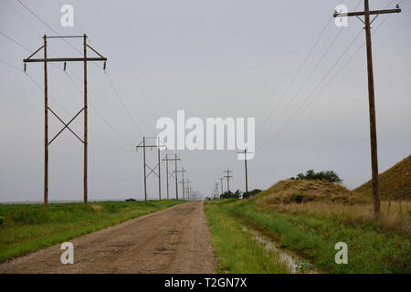 Deserted road and rows of utility poles and high voltage power lines in a rural landscape in Texas, USA Stock Photo