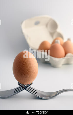Egg in balance on two forks on white background. Four more eggs out of focus in a carton egg box Stock Photo