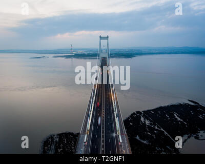 An aerial view of the Severn Bridge, First Severn Bridge, Linking Wales and England, UK Stock Photo