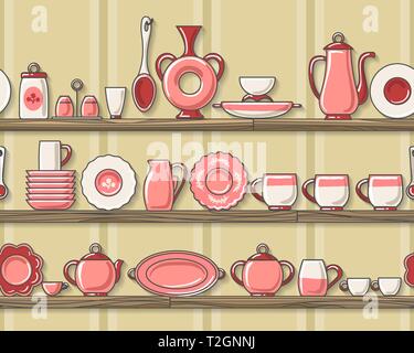 Rustic kitchen horizontal seamless pattern. Vintage rustic crockery decorative tableware for home kithen vector background Stock Vector