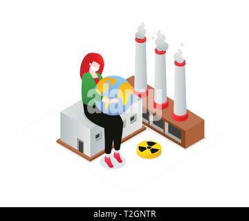 Air pollution - modern colorful isometric vector illustration on white background. A composition with a woman in a face mask holding a globe, image of Stock Vector