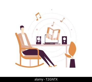 Listening to audiobooks - flat design style illustration on white background. Quality composition with a young man in headset sitting at home in a cha Stock Vector