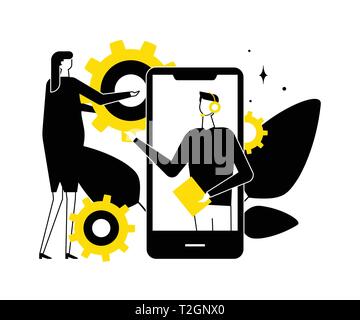 Technical support - flat design style vector illustration. Black, yellow and white composition with a call center operator in a headset talking with a Stock Vector