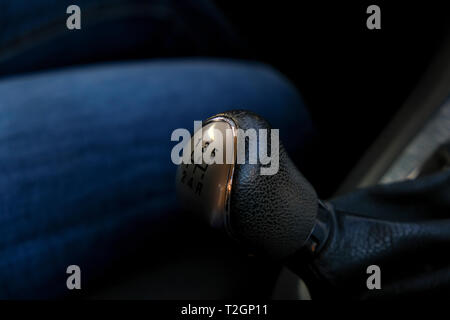 Closeup of manual gear shifter on manual transmission, 5 speed gear drive Stock Photo