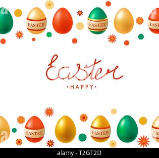 Easter card with lettering bright flowers and painted eggs. Happy Easter Stock Vector