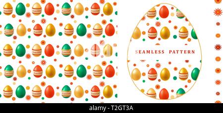 Seamless pattern with bright painted easter eggs. Happy Easter. Endless brush with small flowers. EPS 10. Stock Vector