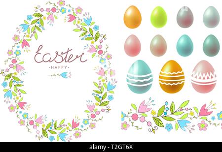 Set of isolated vector elements on a white background. Happy Easter. Lettering. Floral egg. Endless floral brush. Painted colourful eggs. Stock Vector
