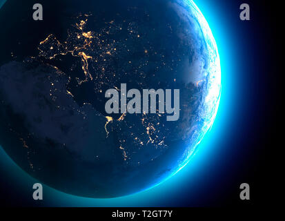 Physical map of the world, satellite view of north Africa and Europe. Globe. Hemisphere. Reliefs and oceans. 3d rendering. Night view, city lights. Stock Photo
