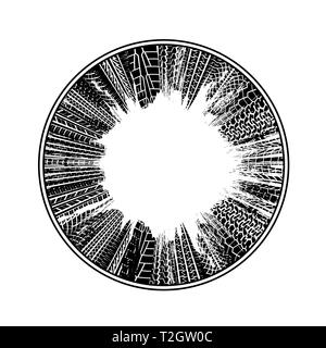 Grunge circle tire tracks frame isolated on white background Stock Vector
