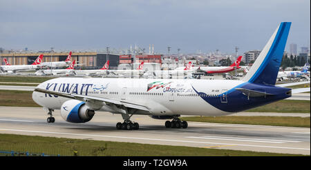 ISTANBUL, TURKEY - SEPTEMBER 30, 2018: Kuwait Airways Boeing 777-369ER (CN 62568) takes off from Istanbul Ataturk Airport. Kuwait Airways has 27 fleet Stock Photo