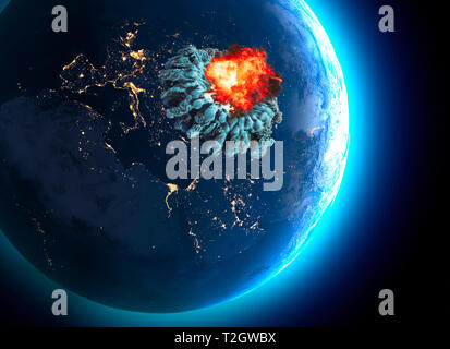 Nuclear bomb. War between nations, explosion, cataclysm. Extinction. Enemy attack. 3d rendering. Satellite view of the Earth. Stock Photo