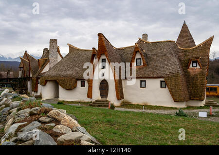 Porumbacu de Sus, Romania - March 26, 2019: Fairies Valley Clay (loam) Castle in Porumbacu village, near Sibiu, Romania.  'Castelul de Lut Valea Zanel Stock Photo