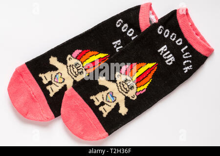 Pair of Good Luck Trolls ankle socks - Good Luck Rub isolated on white background Stock Photo