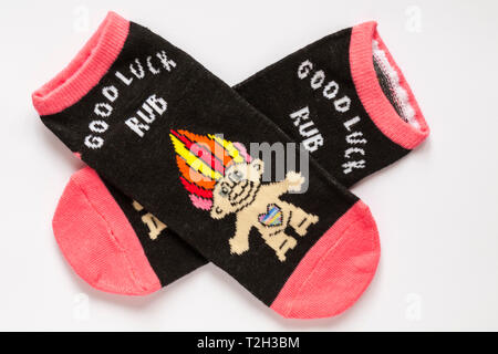 Pair of Good Luck Trolls ankle socks - Good Luck Rub isolated on white background Stock Photo