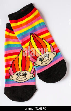 Pair of bright colourful Good Luck Trolls ankle socks isolated on white background Stock Photo