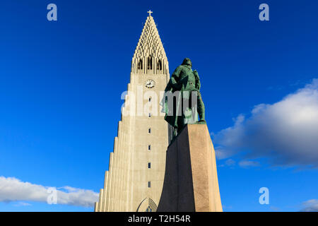 Statue of Leifur Eiriksson outside Hallgrimskirkja church in Reykjavic, Iceland, Europe Stock Photo