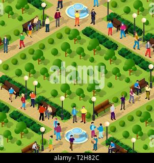 Isometric green city park with trees, alleys and benches, vector ...