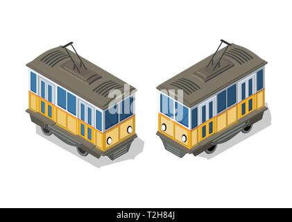 Isometric tram metro urban transport urbanistic elements of the urban economy structure. Stock Vector