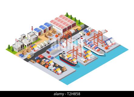 Isometric City Boulevard with an industrial port with cruise and transport boat and naval ships nautical transport on the sea for travel vacation tour Stock Vector