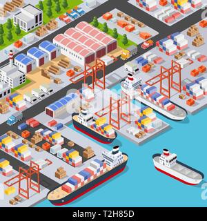 Isometric City industrial dock port with container cargo industry freight and transport boat and naval ships nautical on the sea for terminal distribu Stock Vector