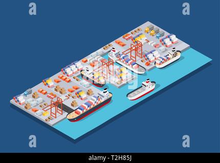 Isometric City Boulevard with an industrial port with cruise and transport boat and naval ships nautical transport on the sea for travel vacation tour Stock Vector