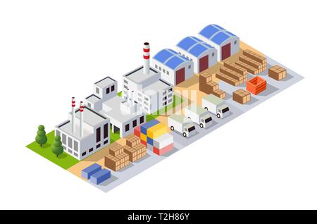 Perspective panorama of the landscape of industrial objects plants, factories, parking lots, and warehouses. Isometric top view of the city with streets, b Stock Vector