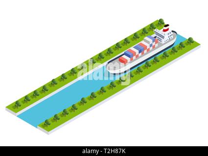 Isometric ship cargo container and tourist liner of the industrial port and tourist berths of boats with an illustration of the transport of goods and Stock Vector