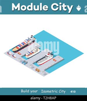 Isometric City industrial dock port with container cargo industry freight and transport boat naval ships nautical on the sea for terminal distribution Stock Vector