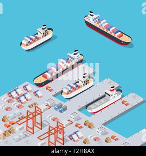 Isometric City industrial dock port with container cargo industry freight and transport boat naval ships nautical on the sea for terminal distribution Stock Vector