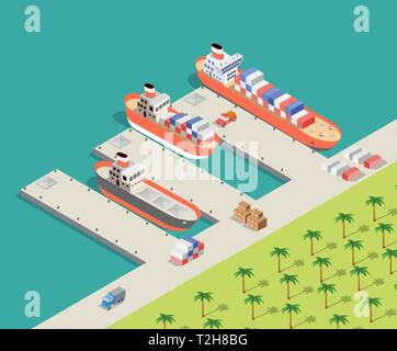 Isometric City industrial dock port with container cargo industry freight and transport boat naval ships nautical on the sea for terminal distribution Stock Vector