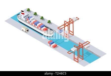 Isometric City industrial dock port with container cargo industry freight and transport boat naval ships nautical on the sea for terminal distribution Stock Vector