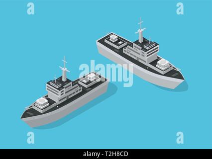 Warship military boat naval Battleship Navy with guns. Isometric ship army vector illustration stock image. Stock Vector