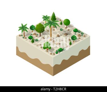 An isometric natural landscape of palm trees, vector illustration of a desert with sand, stones, and bushes. Conceptual 3d graphics for the game back Stock Vector