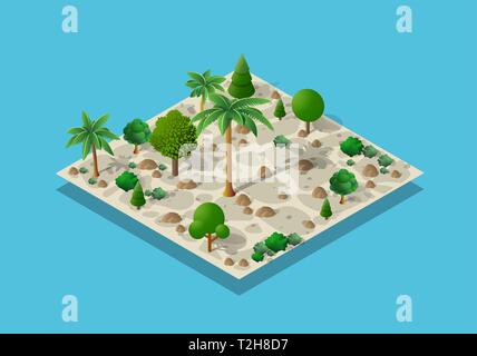 An isometric natural landscape of palm trees, vector illustration of a desert with sand, stones, and bushes. Conceptual 3d graphics for the game back Stock Vector