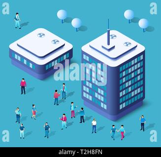 Modern 3D city isometric three-dimensional infographic option banner with colorful isometric city for the business conceptual graphs and diagrams, inc Stock Vector