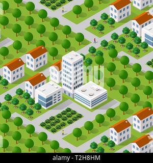 Isometric illustration megapolis city quarter with streets, skyscrapers, trees and houses. Urban landscape top view Stock Vector
