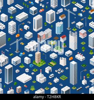 Isometric seamless pattern megapolis city quarter with streets, skyscrapers, trees, and houses. Urban landscape top view Stock Vector