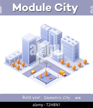 Isometric illustration megapolis city quarter with streets, skyscrapers, trees, and houses. Urban landscape top view Stock Vector