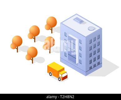 Isometric illustration megapolis city quarter with streets, skyscrapers, trees, and houses. Urban landscape top view Stock Vector